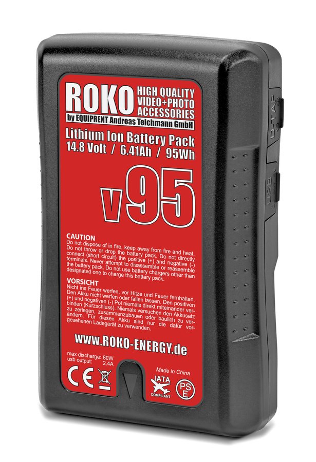 ROKO v95 Lithium Ion V-Mount Akku, flugtauglich, mit USB (95Wh)