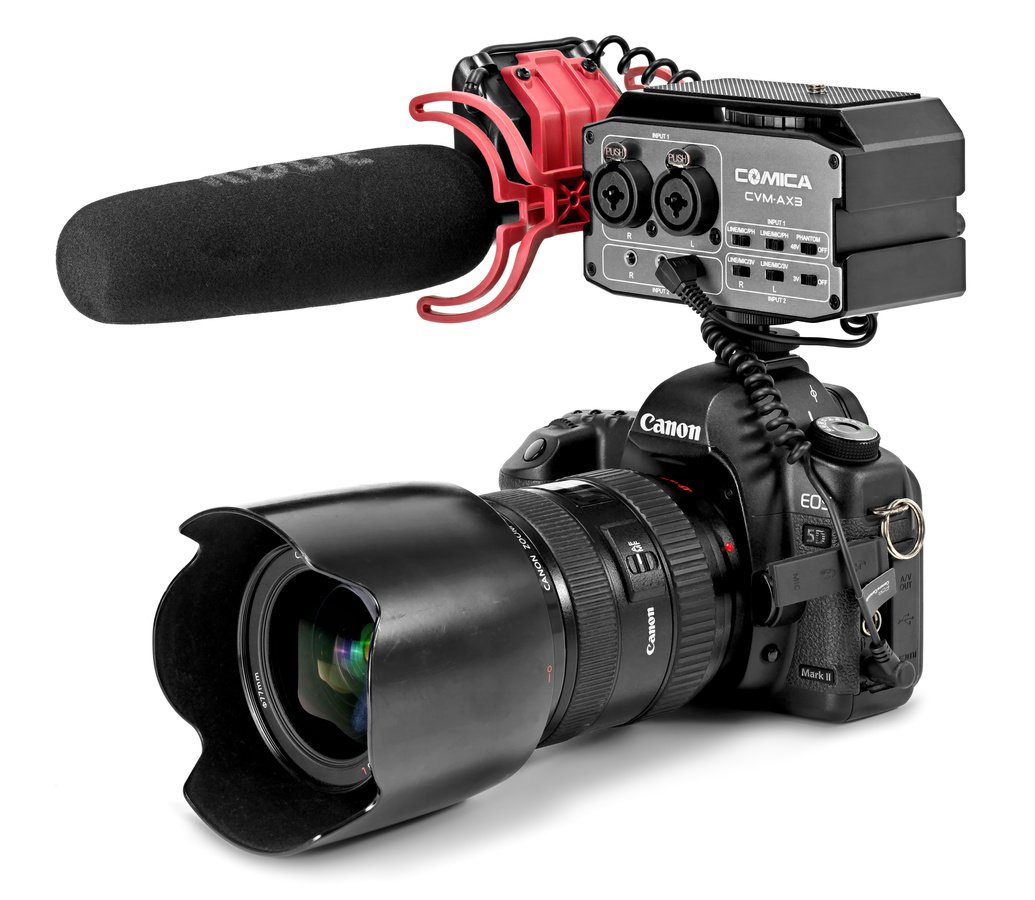 Canon DSLR mit Mikrofon und Audiomischer im Blitzschuh