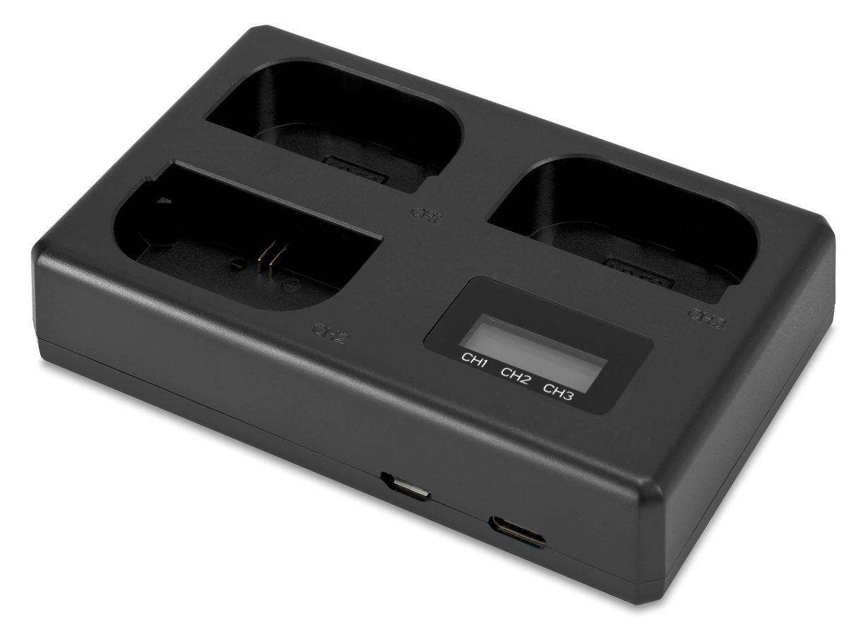 ROKO TCU3-LPE6 Dreifachladegerät mit USB für Canon LP-E6 Akkus