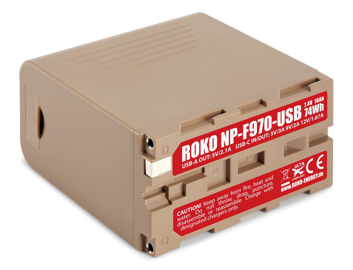 Unterseite ROKO NP-F970-USB Akku mit USB-C Eingang/Ausgang